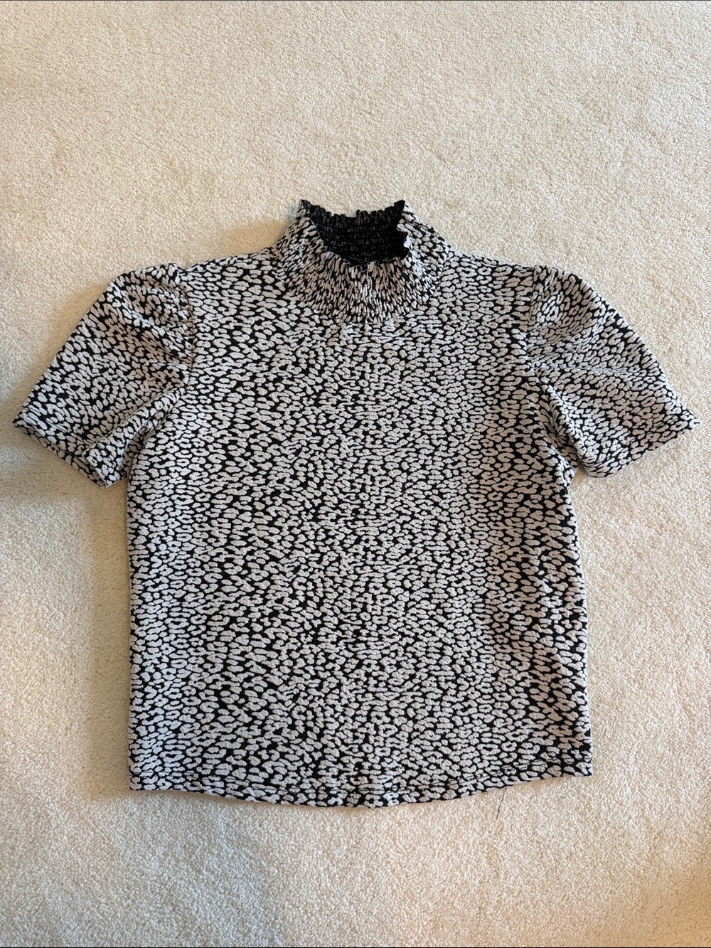 Zara Black & White Leopard Textured, Patterned Short-Sleeve Mock Neck Shirt